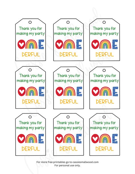 Thank you for making my party one-derful free printable tags with rainbow Birthday Party Return Gifts, Birthday Tags Printable, Printable Unicorn Birthday, Birthday Party Goodie Bags, Thank You Tag Printable, Birthday Return Gifts, Bridal Shower Tags, Gift Tags Birthday, Tag Templates