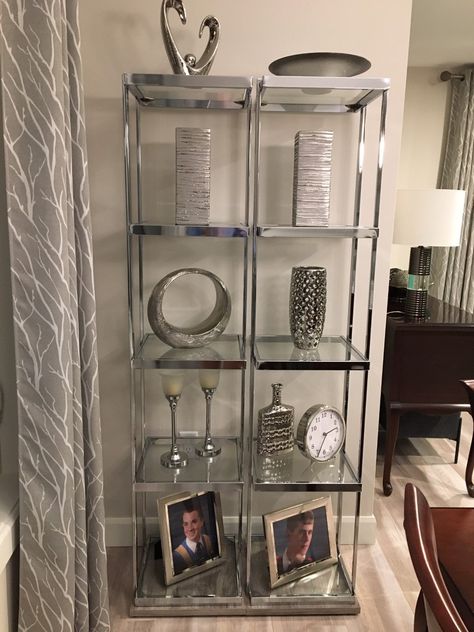 Twin Chrome Book Shelves China Cabinet Ideas, Chrome Book, Cabinet Ideas, Book Shelves, Glass Storage, Shelf Decor, China Cabinet, Bathroom Medicine Cabinet, Storage Shelves