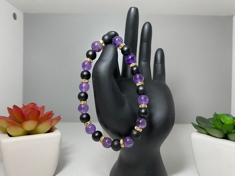 Excited to share the latest addition to my #etsy shop: Purple and Black Beaded Bracelet with Gold Crystal Spacers #unisexadults #yes #purple #black #no #amethyst #round #gemstone #blackmatte https://etsy.me/3AruRyr Bracelet Themes, Purple And Black Aesthetic, Purple Bracelets, Kawaii Bracelet, Aesthetic Bracelet, Black Beaded Bracelet, White Beads Bracelet, Black Beaded Bracelets, Purple Bracelet