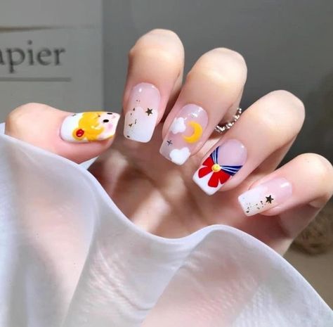 Easy Anime Nail Art, Salior Moon Nail Design, Sailor Moon Nails Simple, Anime Nail Inspiration, Anime Inspired Nail Art, Themed Nails Designs, Sailor Moon Nails Design, Sailor Moon Inspired Nails, Simple Anime Nails