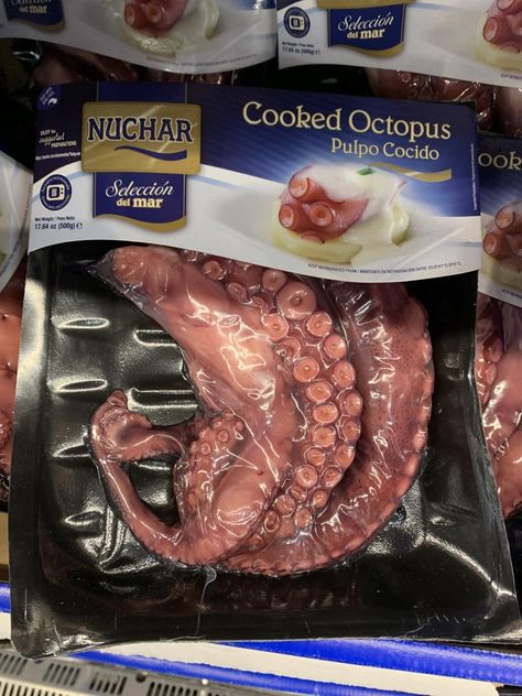 Saw this the other day at Costco. This Costco Octopus is way out of my league when it comes to cooking/recipes, but I'm sure someone knows how to cook it. This is Nucar Cooked Octopus & it comes in a vacuum sealed pack of about 3 - 4 legs (scroll for photos). It comes in a 17.64 ounce pack & is $16.99. That comes out to about $15.41 per pound. I have no idea how good of a deal that is because I don't know how expensive octopus normally is. Maybe one of you can shed some light for me. Octopus Legs Recipe, Frozen Octopus Recipes Easy, Octopus Food, Pulpo Recipe, How To Make Octopus Sausages, Pre Cooked Octopus Recipes, How To Cook Octopus, Octopus Infographic, Octopus Legs