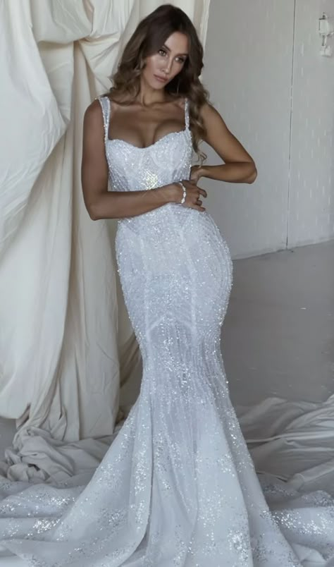 Wedding Dress Sparkle Lace, Sparkly Bodycon Wedding Dress, Fitted Sparkle Wedding Dress, Tight Sparkly Wedding Dress, Mermaid Wedding Dress With Bling, Wedding Dresses With Sparkle, Wedding Dresses With Glitter, Wedding Dress Glam, Shimmery Wedding Dress