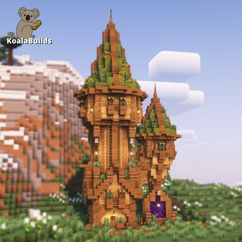 Minecraft Building Ideas Without Mods, Minecraft Enchanting Tower Ideas, Mangrove House Minecraft Tutorial, Minecraft Fantasy Town Ideas, Wizard Tower Roof Minecraft, Mc Wizard Tower, Minecraft Fantasy Builds Tower, Minecraft Tower Roof Tutorial, Guard Tower Minecraft