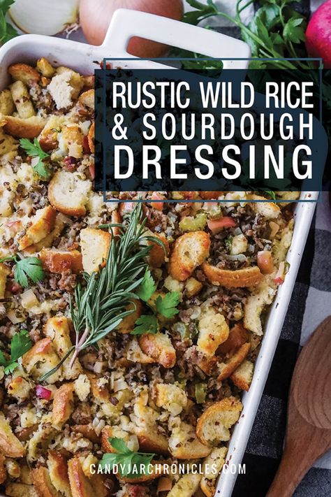 Rustic Wild Rice & Sourdough Dressing Sourdough Thanksgiving, Wild Rice Stuffing Recipes, Rice Stuffing Recipes, Dressing Stuffing, Thanksgiving Sidedish, Thanksgiving Dinner For Two, Traditional Stuffing, Stuffing Thanksgiving, Rice Stuffing