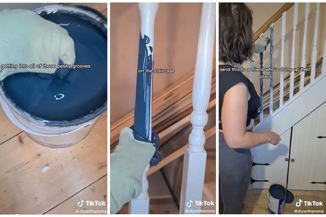 How to Paint Stair Spindles with a Sock Painted Banister, Painted Stair Railings, Stair Spindles, Build A Greenhouse, Deck Paint, Painted Stairs, Family Handyman, Stair Railing, Home Repairs