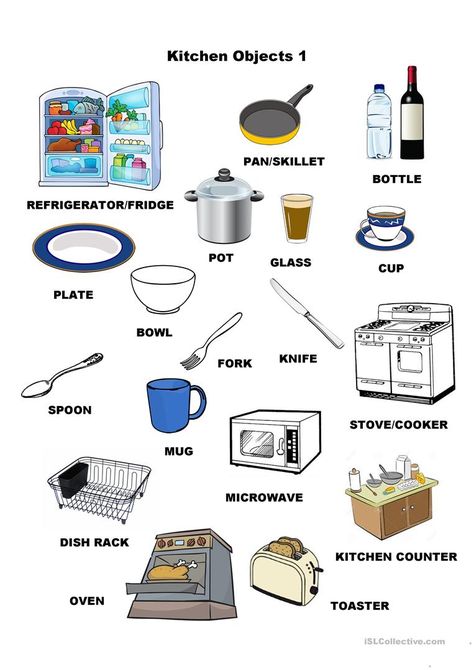 Kitchen Objects 1 - English ESL Worksheets Kitchen Objects, Teaching English Grammar, Learning English For Kids, English Vocab, Learn English Grammar, English Language Teaching, English Activities, English Tips, Learn English Vocabulary