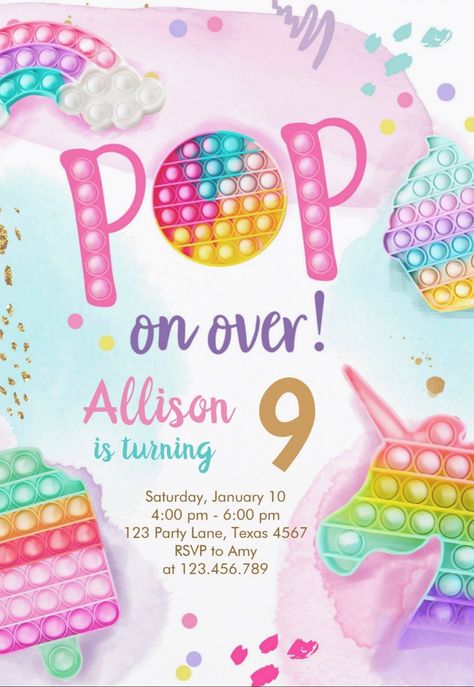 Pop it birthday party invitations. Girls' birthday party invites with fun and colorful fidget toy theme. afflink 9 Year Birthday Party Theme Girl, It Birthday Party, Candyland Party Decorations, Pop It Birthday, 8 Birthday, Pop It Fidget, Rainbow Birthday Invitations, Birthday Party Invites, Girl Birthday Party Invitations