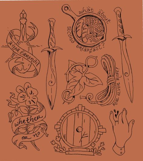 Anyone want a hobbit tattoo? | Instagram Hobbit Tattoo, Sam Tattoo, Ring Tattoo Designs, Lotr Tattoo, Lord Of The Rings Tattoo, Fantasy Tattoos, Lotr Art, Flash Sheet, Tattoo Flash Sheet