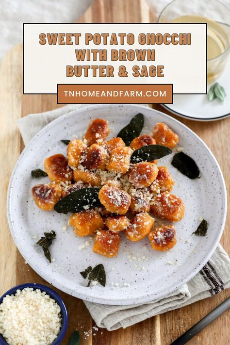 Sweet Potato Gnocchi with Brown Butter and Crispy Sage Gnocchi From Scratch, Making Gnocchi, Sweet Potato Gnocchi, Sage Butter, Crispy Sweet Potato, Potato Gnocchi, Holiday Eating, Browned Butter, Gnocchi Recipes