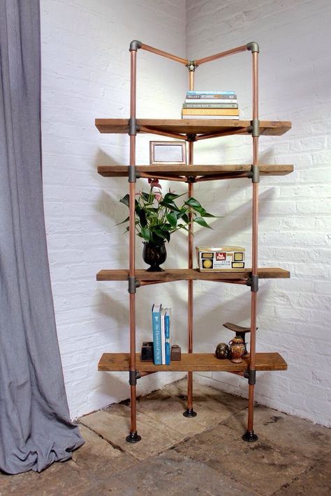 Diy Corner Shelf, Corner Shelf Ideas, Copper Furniture, Noi That, Vintage Industrial Design, Pipe Decor, Copper Decor, Copper Diy, Vintage Industrial Furniture