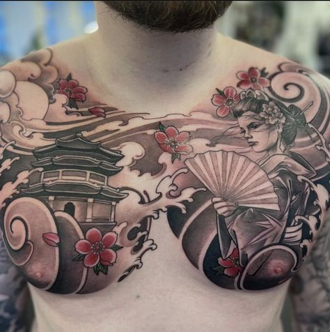 Japanese Chest Tattoo Design For Men, Japanese Style Chest Tattoo, Japan Chest Tattoo, Chinese Chest Tattoo, Shoulder Japanese Tattoo, Japanese Chest Piece, Japanese Chest Tattoo Design, Aiden Tattoo, Hayley Tattoo