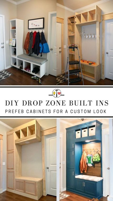 Diy Drop Zone, Mudroom Drop Zone, Prefab Cabinets, Custom Mudroom, Small Mudroom Ideas, Mudroom Decor, Mudroom Laundry Room, Mud Room Storage, Mudroom Design