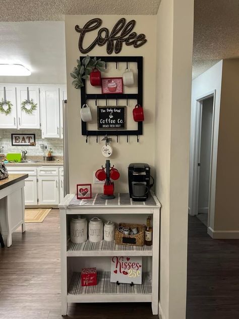 Tea Bar Station Kitchen, Red Coffee Bar Ideas, Bar Cart Corner Ideas, Coffee Bar Small Space, Coffee Corner Bedroom, Dresser Into Coffee Bar, Declutter Kids Room, House Cozy, Coffee Bar Station