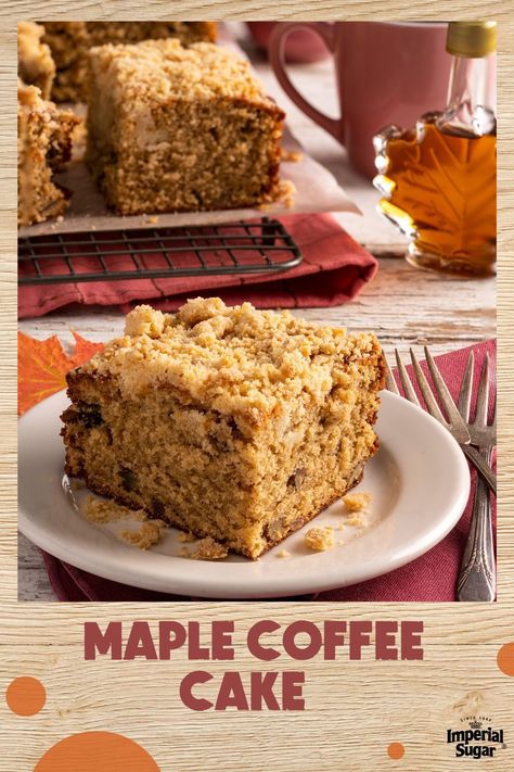 Real maple syrup has a rich, natural maple flavor that can't be beat. That's why Chef Eddy uses maple syrup instead of maple flavoring in this quick, easy and extra-thick Maple Coffee Cake. Topped with a crumbly streusel topping and studding with pecan pieces for a nutty crunch, this Maple Coffee For more breakfast and brunch recipes and ideas visit ImperialSugar.com and pin your favorites! Made this recipe? Show us!#imperialsugar #breakastideas #brunchideas #maplecake #easyfalldesserts Maple Coffee Cake, Maple Flavoring, Holiday Themed Cakes, Maple Cake, Maple Coffee, Maple Recipes, Fall Desserts Easy, Coffee Cakes, Delicious Cake Recipes