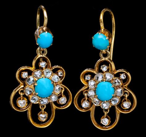 Antique Turquoise Rose Cut Diamond Gold Earrings, 1860's 1800s Jewelry, Diamond Gold Earrings, Russian Jewelry, Antique Turquoise, Turquoise Rose, Faberge Eggs, Diamond Engagement Rings Vintage, Heart Pendant Gold, Precious Jewels