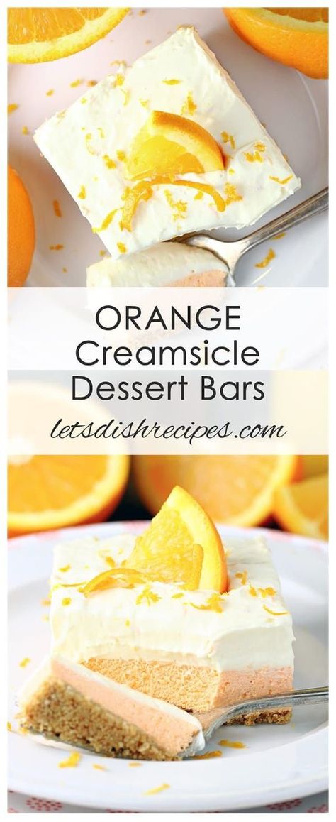 Orange Creamsicle Dessert Bars Recipe: This no-bake layered dessert made with orange Jell-O, cream cheese and whipped cream has all the flavors of the classic orange ice cream treat! #orange #nobake Orange Creamsicle Dessert, Creamsicle Dessert, Orange Squares, Orange Ice Cream, Orange Dessert, Layered Dessert, Cream Cheese Desserts, Dessert Bar Recipe, Layered Desserts