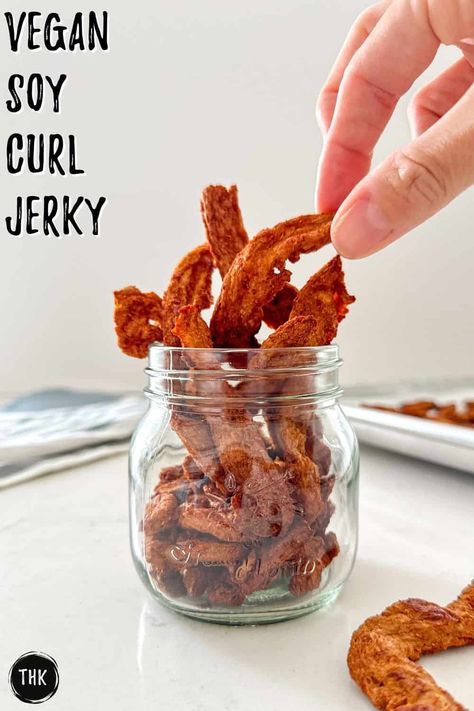 Vegan Jerky Recipe, Soy Curls Recipes, Vegan Jerky, Soy Curls, Camping Snacks, Vegan Beef, Jerky Recipes, Plant Based Snacks, Soy Recipes