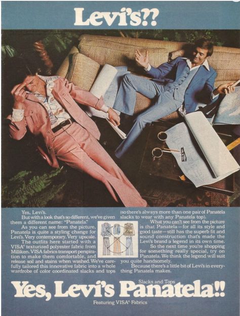 70s Levi's Panatela ad for Visa Polyester pants, tops and jackets #mensvintage #70s #1970sfashion #Levis #polyester Disco Pants, Leisure Suit, Fashion Marketing, Old Ads, Picture Library, Monokini, Vintage Ads, Vintage Levis, Vintage Advertisements