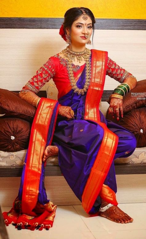 Maharashtrian Vidhi Look Couple, Navari Poses, Marathi Mulgi, Bride Fashion Photography, Maharashtrian Bride, Curled Hairstyles For Medium Hair, Kashta Saree, Best Indian Wedding Dresses, Basant Panchami