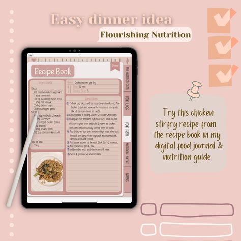 Healthy Recipe Book Digital Download | Flourishing Nutrition Goodnotes Recipe Template Free, Digital Recipe Book Template Free, Healthy Chicken Ramen, Recipe Templates Free, Chicken Ramen Stir Fry, Goodnotes Tips, Food Journaling, Food Journals, Ipad Planner Template