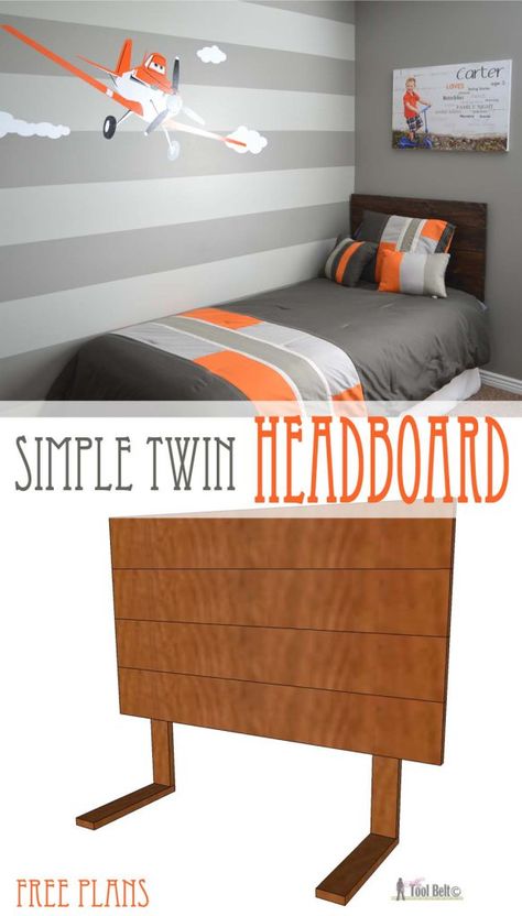 Super cute gray and orange boys room inspired by racing legend Dusty!  Free woodworking plans for an easy DIY - simple twin headboard. Diy Twin Headboard, Boy Headboard, Orange Boys Rooms, Headboard Simple, Fine Woodworking Furniture, Simple Headboard, Workshop Plans, Room Inspired, Green Woodworking