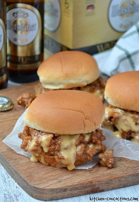 Cheese Sloppy Joes, Sloppy Joe Sliders, Sloppy Joes Sliders, Beer Cheese Sauce, Sloppy Joe Sauce, Beer Bacon, Game Day Snacks, Beer Cheese, Sloppy Joe