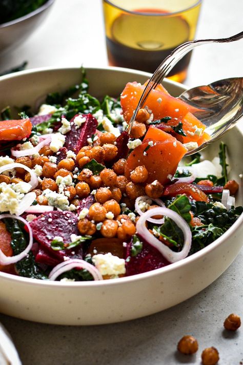 Beet And Kale Salad, Warm Kale Salad, Chickpeas Salad, Beet Salad Recipes, Roasted Beet Salad, Dijon Vinaigrette, Vinaigrette Salad, Beetroot Salad, Fall Dinner Recipes