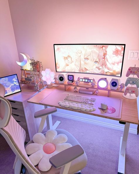 Feminine Pc Setup, Feminine Gaming Room, Coquette Gaming Setup, Cute Computer Setup, Girly Pc Setup, Cute Game Room, Girly Gaming Setup, Pink Pc Setup, Cute Gaming Setup