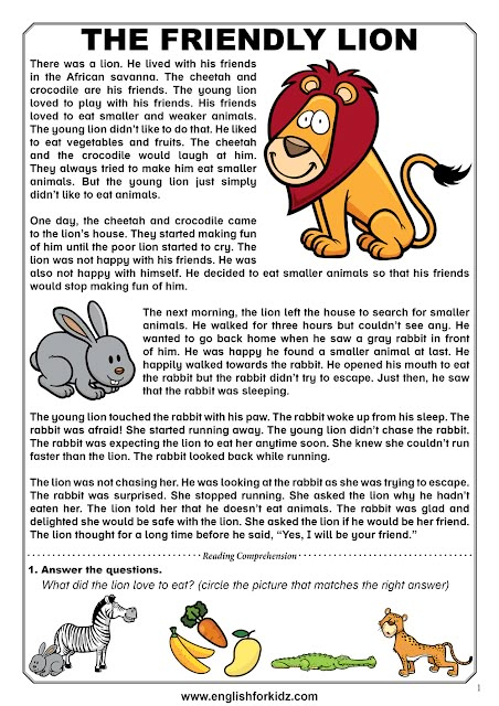 Reading comprehension passage about a rabbit and a lion who did not like eating animals Short Story About Animals, Short Stories For Adults, Stories With Moral Lessons, English Moral Stories, Animal Story, Verbo To Be, Reading Comprehension For Kids, Short Moral Stories, Fiction Story