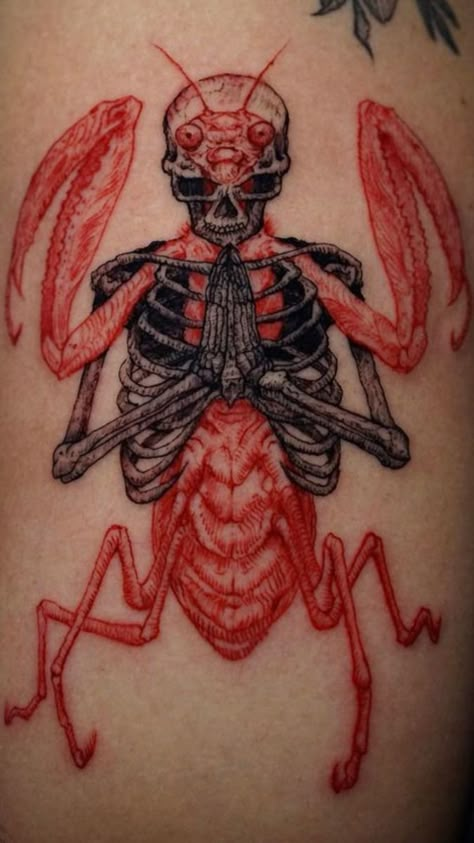 Scary Japanese Tattoo, Colorful Skeleton Tattoo, Centipede Face Tattoo, Crawling Spider Drawing, Medieval Jester Tattoo, Bug Arm Tattoo, Insect Chest Tattoo, Weird Unique Tattoos, Man Eater Tattoos