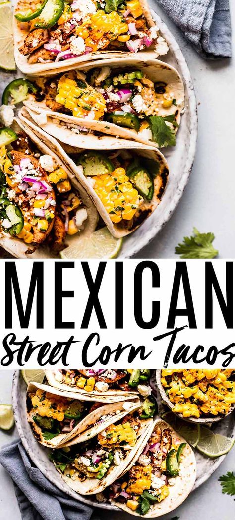 These Mexican Street Corn Chicken Tacos put a fun twist on elotes or grilled Mexican corn on the cob that's slathered in a tangy cream sauce and sprinkled with chili powder. Plus, they come together in just 20 minutes! // mexican // tacos // chicken tacos Corn Street Tacos, Street Corn Chicken Tacos, Corn Chicken Tacos, Street Corn Tacos, Grilled Mexican Corn, Mexican Street Corn Chicken, Mexican Corn On The Cob, Street Corn Chicken, Lush Desserts