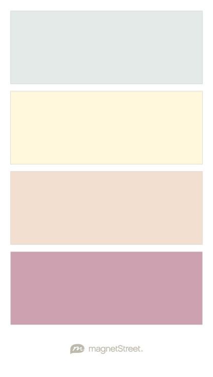 Silvery Sage, Lemonade, Parchment, and Iris Mauve Wedding Color Palette - custom color palette created at MagnetStreet.com Calendar Magnets, Custom Refrigerator, Ivory Palette, Blush Wedding Colors, Bridesmaid Colors, Paint Color Schemes, Paint Color Palettes, Romantic Colors, Mint Wedding