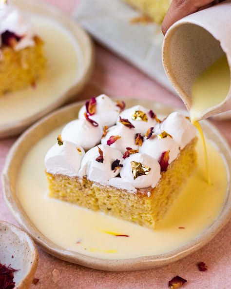 Rasmalai Tres Leches, Indian Fusion Desserts, Fusion Desserts, Tres Leches Recipe, Bake With Shivesh, Holi Recipes, Tres Leches Cake Recipe, Leches Cake, Vanilla Sponge Cake