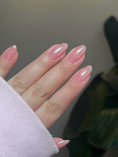 Sheer Holographic Nails, Pink Chrome Short Almond Nails, Light Blush Nails, Chrome Blush Nails, Pearlescent Pink Nails, Pink Donut Glaze Nails, Light Chrome Pink Nails, Light Pink Metallic Nails, Nude Iridescent Nails