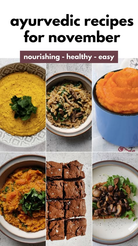 I've put together my top Ayurvedic recipes for November to help inspire you to make healthy, delicious food at home this month. Ayurveda Autumn Recipes, Aruvedic Recipes Ayurveda, Ayurvedic Fall Recipes, Ayurvedic Food Recipes, Ayurvedic Meal Plan, Easy Ayurvedic Recipes, Ayurveda Dinner, November Food Ideas, Vata Foods