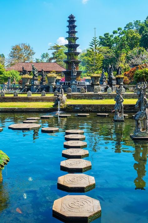 Trekking through rice fields and discovering ancient temples in East Bali. Bali Indonesia Temple, Tirta Gangga Bali, Exotic Places To Travel, East Bali, Tirta Gangga, Kuala Lampur, Water Temple, Gili Islands, Voyage Bali