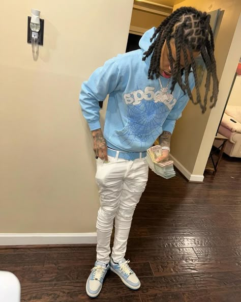 Amiri Jeans Outfit Men, White Ripped Jeans Outfit, Sp5der Hoodie Outfit, Biker Outfit Men, Hype Clothing Boys, Ripped Biker Jeans, Bike Gang, Amiri Jeans, Blue Drip