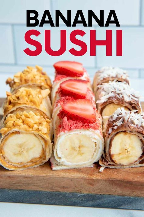 Chocolate Sushi, Banana Sushi Rolls, Sushi Dessert, Banana Sushi, Fruit Sushi, Fruit Snack, Kid Snacks, Snacks To Make, Summer Snacks