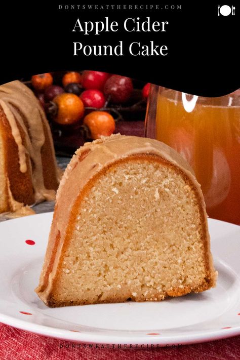 Our apple cider pound cake is sweet, tangy, and moist with a delicate crumb. Drizzled with a glaze that takes the rich apple cider flavor over the top! Apple Spice Pound Cake, Apple Cider Pound Cake Recipe, Spiced Pound Cake, Apple Cider Cake Mix Recipes, Thanksgiving Pound Cake, Apple Cider Bundt Cake Recipes, Fall Pound Cake, Recipes With Apple Cider In Them, Holiday Pound Cake