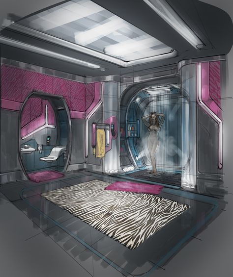 Sci Fi Bedroom Concept Art, Apartment Concept Art, Sci Fi Apartment, Cyberpunk Interior Design, Futuristic Apartment, Apartment Concept, Cyberpunk Apartment, Cyberpunk Interior, Cyberpunk Room