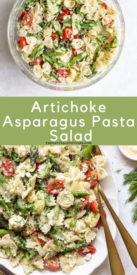 15-Minute Artichoke & Asparagus Pasta Salad Asparagus Pasta Salad Recipes, Cold Asparagus Salad, Brunch Pasta Salad, Artichoke Pasta Recipes, Pasta Salad With Artichoke Hearts, Artichokes Salad, Asparagus Salad Recipes, Easy Cold Pasta Salad Recipes, Pasta With Artichoke Hearts