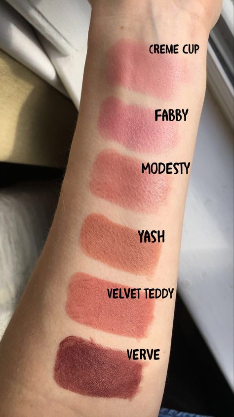 These are my favourite Mac lipsticks 😍  Creme cup, fabby, modesty, yash, velvet teddy and verve ❤️👌🏼 Mac Lipstick Yash, Velvet Teddy Mac Lipstick, Creme Cup Mac Lipstick, Mac Yash Lipstick, Mac Verve Lipstick, Mac Lip Combo, Mac Creme Cup, Mac Modesty Lipstick, Mac Modesty