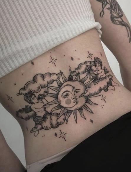 back sun and moon tattoo Back Sun And Moon Tattoo, Crescent Moon Tattoo Design, Moon Tattoo Design, Moon Sun Tattoo, Sun And Moon Tattoo, Cherub Tattoo, Moon Tattoos, Back Piece Tattoo, Crescent Moon Tattoo