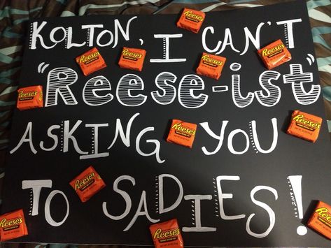 Sadie's proposal ideas, DIY, Reese's, fun idea, cheap Sadie Proposals Ideas, Sadie Hawkins Proposals, Sadies Proposal, Creative Prom Proposal Ideas, Sadies Dance, Sadie Hawkins Dance, Cute Hoco Proposals, Prom Invites, Formal Proposals