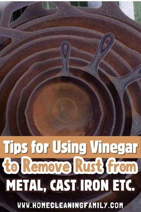 Here you will discover vinegar rust removal tips for removing rust with vinegar from metal, cast iron skillets, clothes, and carpets. Say goodbye to those ugly rust stains. Check it out! Cleaning Cast Iron Pans, Cast Iron Care, Clean Baking Pans, Cast Iron Cleaning, Remove Rust, Cleaning Painted Walls, How To Clean Rust, Cast Iron Stove, Cast Iron Recipes