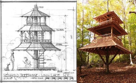 Eye-Catching Pyramidal Treehouse by Luderowski Architect Rises Like a Japanese-Style Pagoda Japanese Tree House, Treehouse Office, Treehouse Architecture, Pagoda Architecture, Treehouse Design, Treehouse Ideas, Kids Forts, Tree Fort, Japanese Pagoda