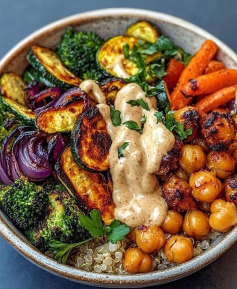 Pescatarian Mediterranean Lifestyle | Roasted Veggie Chickpea Bowls with Maple Dijon Tahini Dressing | Facebook Roasted Veg Bowl, Anti Histamine Diet, Chickpea Bowls, Fluffy Quinoa, Veggie Bowls, Healthy Bowls Recipes, Facebook Recipes, Mediterranean Lifestyle, Crispy Chickpeas