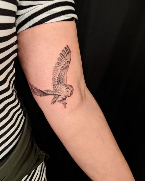 Owl Tattoo Placement Ideas, Cool Owl Tattoos, Powerful Animal Tattoos, Hedwig Tattoo Design, Fineline Owl Tattoo, 3 Owls Tattoo, Owl Line Art Tattoo, Bird Sternum Tattoo Women, Deftones Owl Tattoo