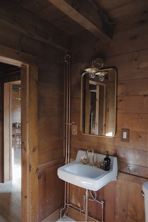 Hemp House, West Elm Living Room, In With The Old, Window Restoration, Tiny Bath, Cabin Bathroom, Cabin Bathrooms, Wall Mount Sink, The Catskills