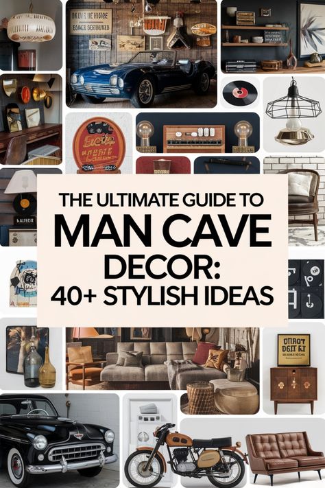 Collage of stylish man cave decor ideas, featuring vintage cars, motorcycles, furniture, and accessories. Man Cave Bathroom Ideas, Man Cave Decorations, Cave Decorations, Beer Deer, Small Man Cave, Modern Man Cave, Home Retreat, Man Cave Ideas, Gamer Decor